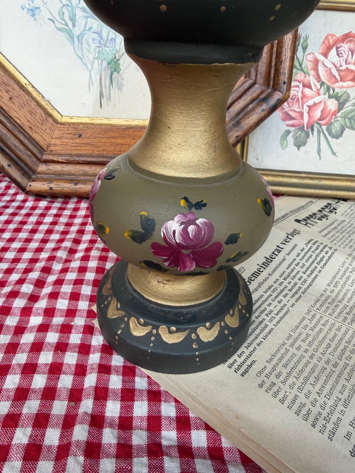 Vintage Kerzenständer olivgrün gold handbemalt Holz Metall Bauernmalerei Landhausstil