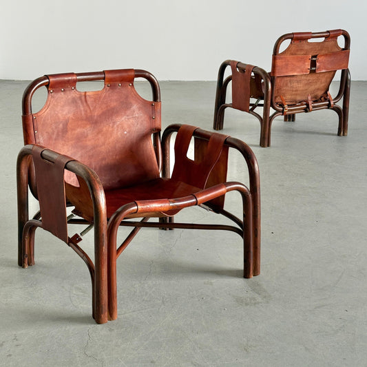 Vintage Set von 2 Safari Sessel von Tito Agnoli für Bonacina dunkelbraun Sattelleder