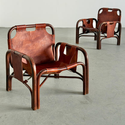 Vintage Set von 2 Safari Sessel von Tito Agnoli für Bonacina dunkelbraun Sattelleder