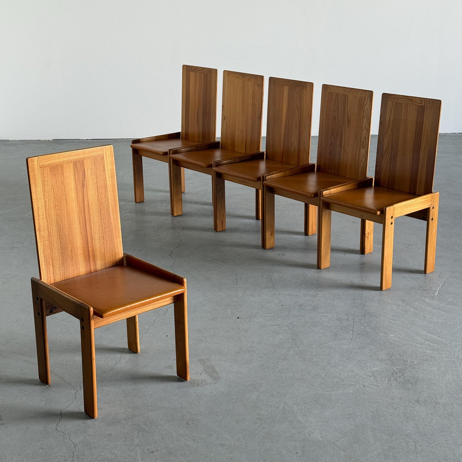 Vintage Set von 6 Esszimmerstuhl von Romanutti für Romanutti Ulmenholz, Leder