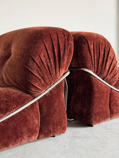Vintage Set von 2 Lounge Chair italienisch, Rost Samt, Chromrahmen