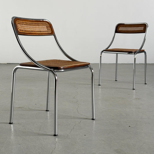 Vintage Set von 2 Esszimmerstuhl aus Holz und Geflecht und Chrom, Italien, 1970er