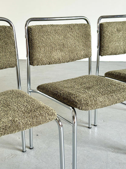 Vintage Set von 4 Stuhl von Hans Fiedler und Hans Heyder Olivgrün Chrom Bouclé