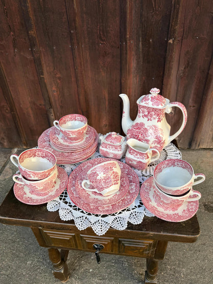 Vintage Kaffeeservice Old Castle von Enoch Wedgwood für Enoch Wedgwood Rot Weiß 21-teilig