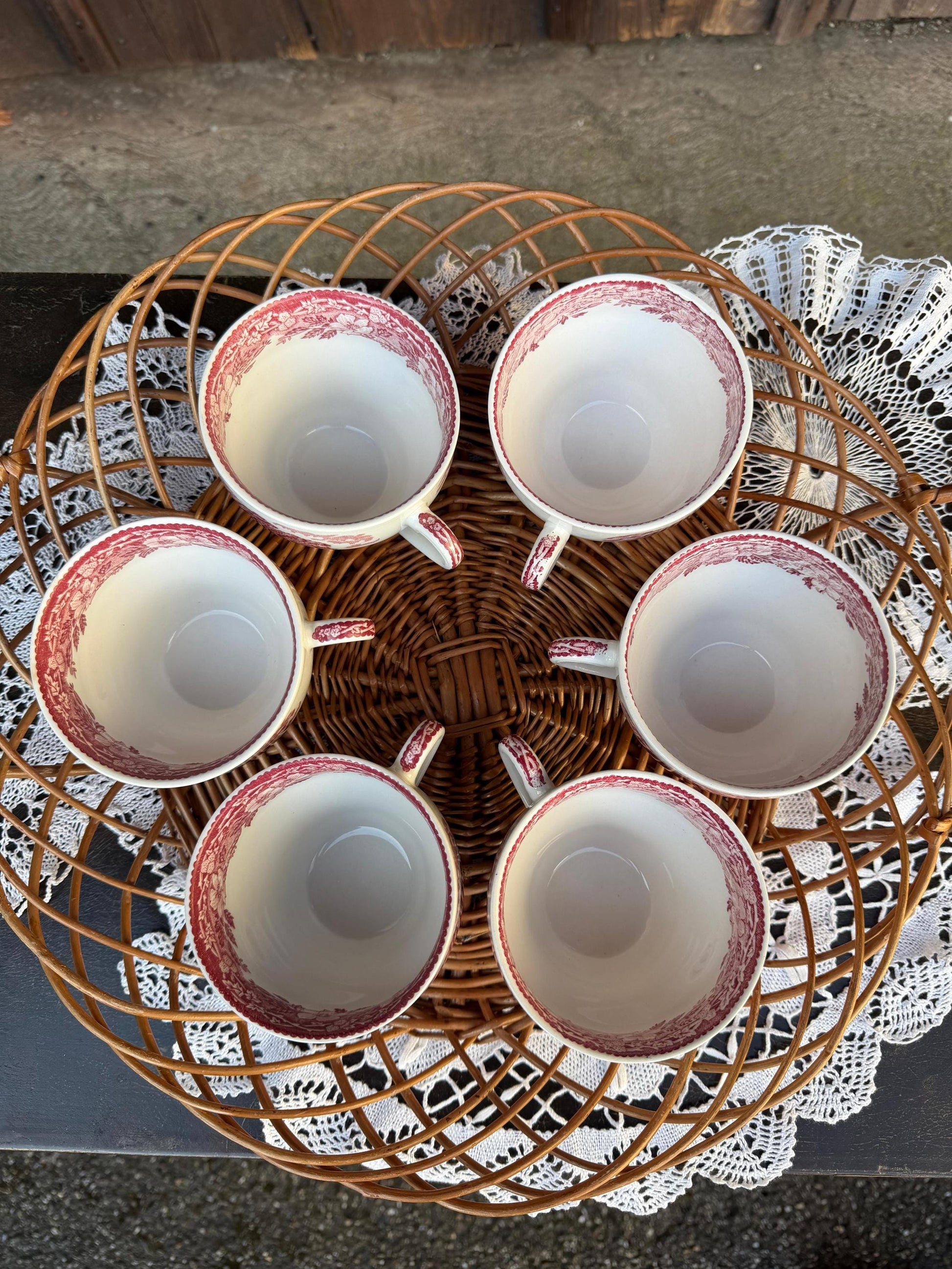 Vintage Kaffeeservice Old Castle von Enoch Wedgwood für Enoch Wedgwood Rot Weiß 21-teilig