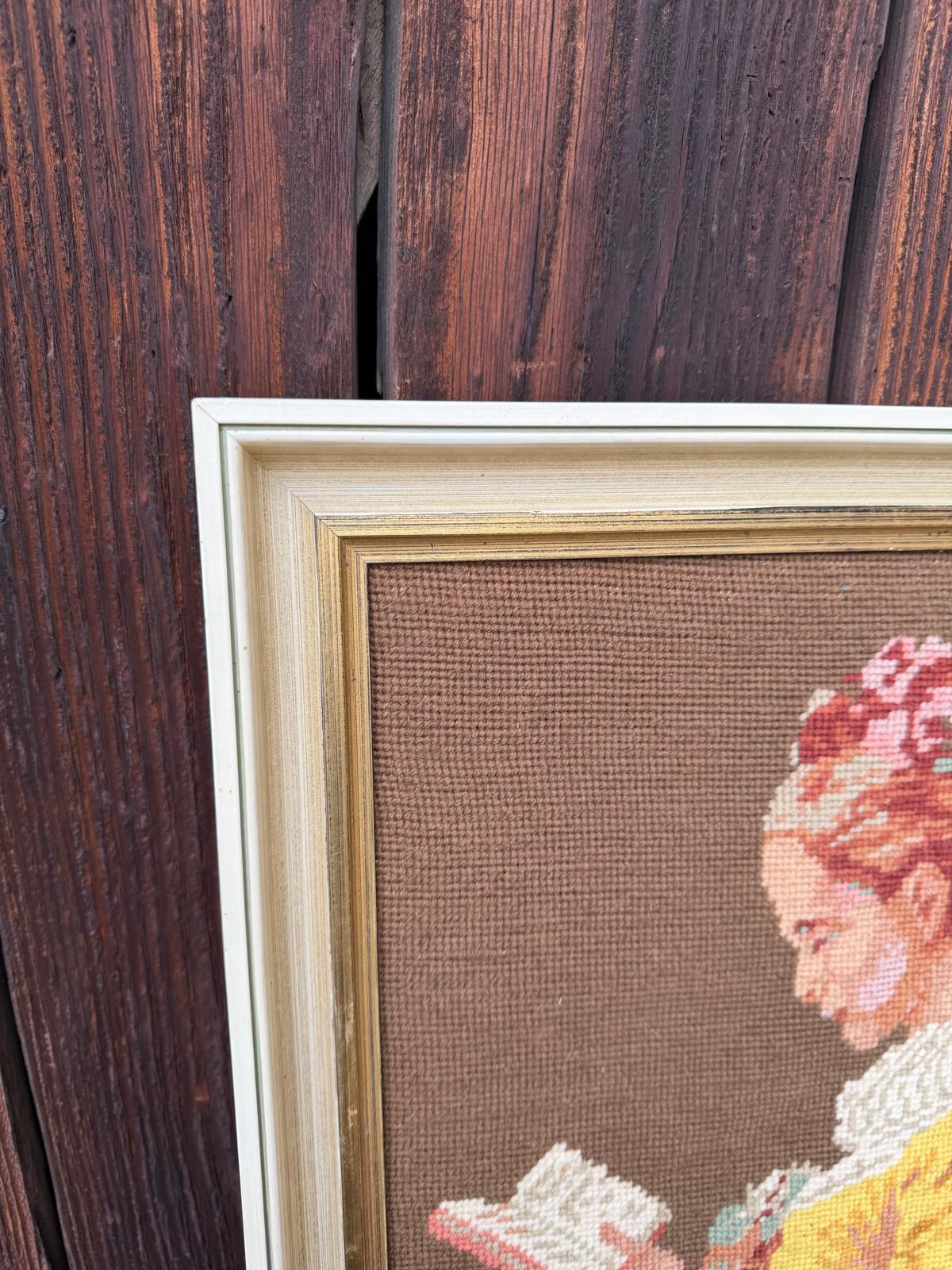 Vintage Stickbild Blumenkorb im Holzrahmen Mehrfarbig Holz natur