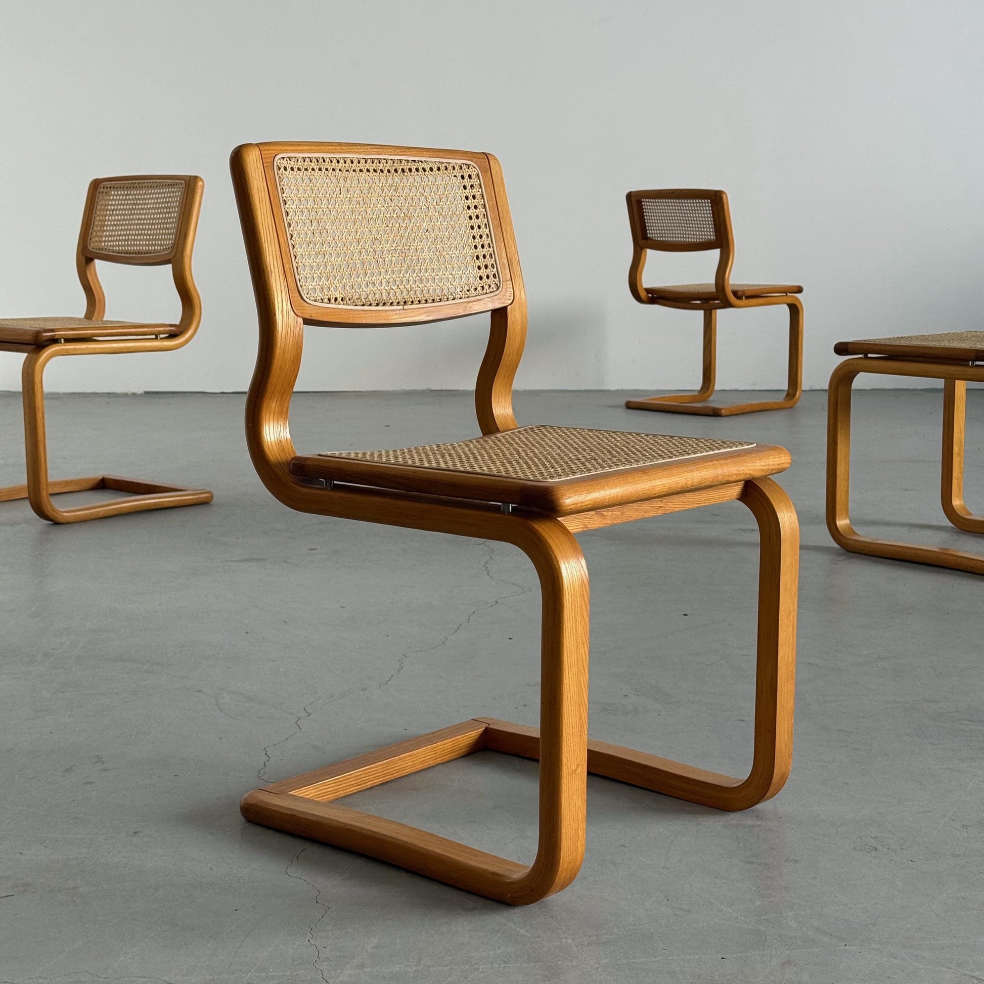 Vintage Set von 4 Freischwinger Esszimmerstuhl von Lübke für Lübke, Bugholz Geflecht
