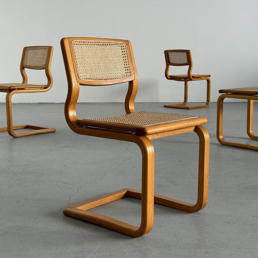 Vintage Set von 4 Freischwinger Esszimmerstuhl von Lübke für Lübke, Bugholz Geflecht