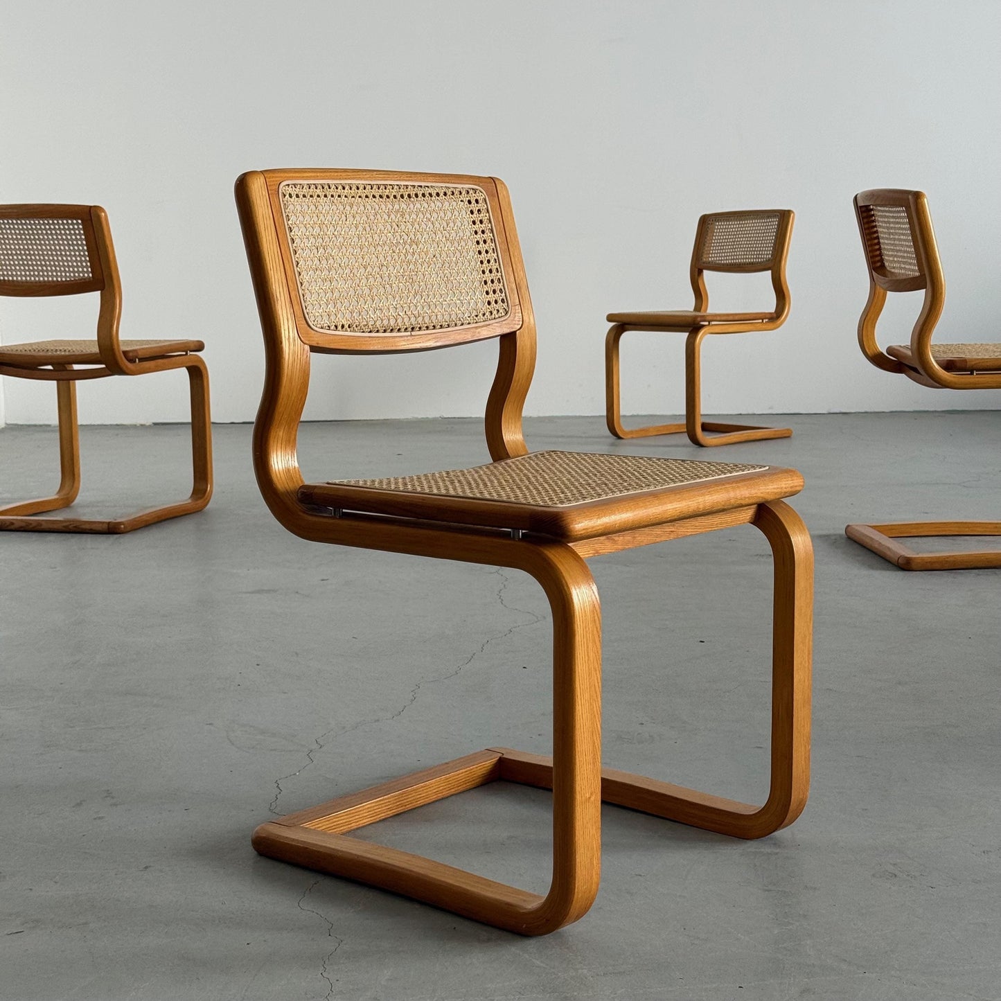 Vintage Set von 4 Freischwinger Esszimmerstuhl von Lübke für Lübke, Bugholz Geflecht
