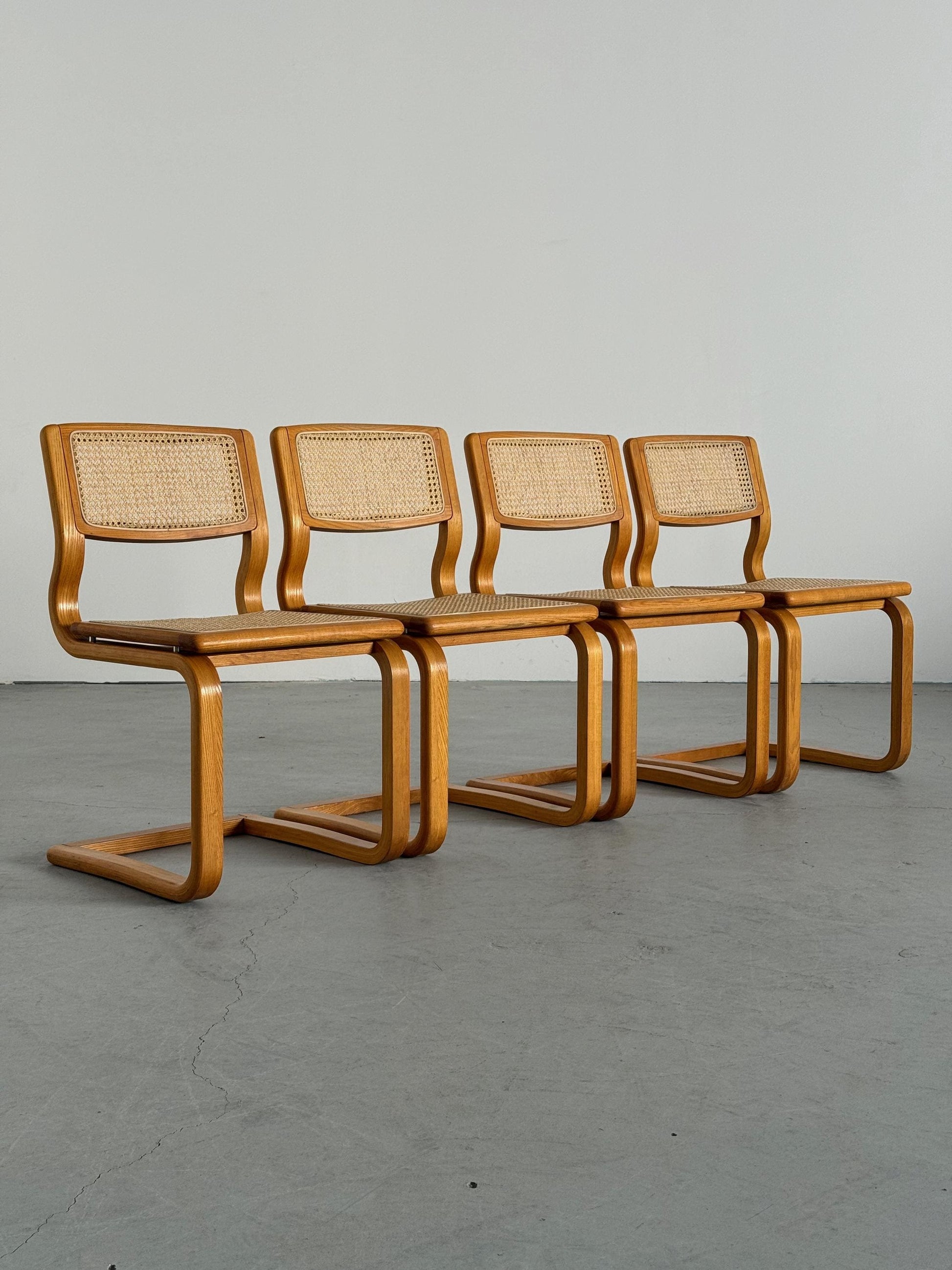 Vintage Set von 4 Freischwinger Esszimmerstuhl von Lübke für Lübke, Bugholz Geflecht