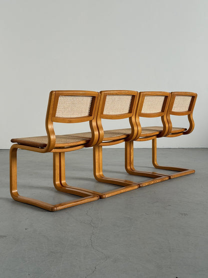 Vintage Set von 4 Freischwinger Esszimmerstuhl von Lübke für Lübke, Bugholz Geflecht