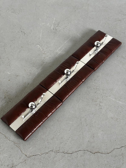 Vintage Set von 3 Garderobenleiste Wandmontage Chrom und Leder braun Italien 1970er