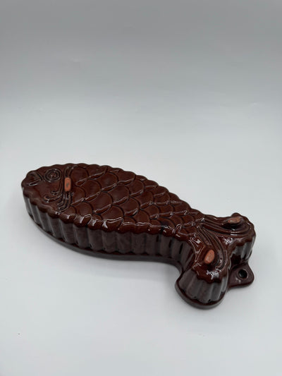 Moule de cuisson vintage poisson marron émaillé céramique décoration