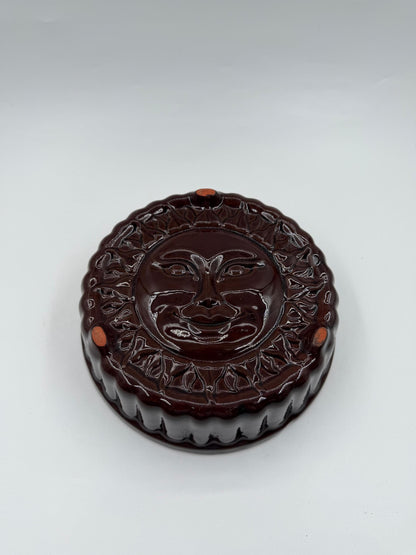 Vintage Backform Sonne Keramik Braun glasiert rund Wanddeko Öse