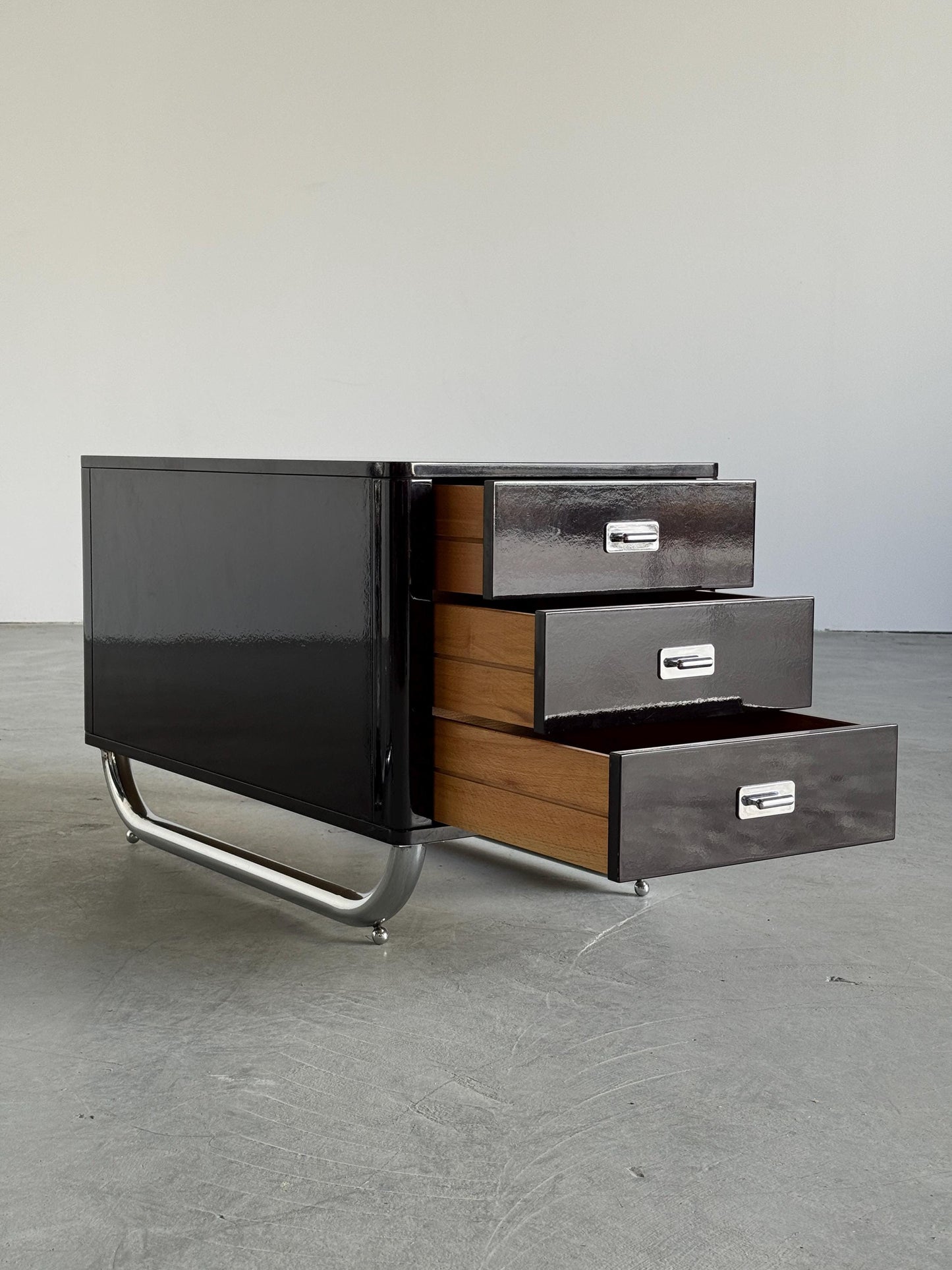 Vintage Bauhaus Schreibtisch Chrom Rauchglas Schwarz Lackholz Vintage Büromöbel