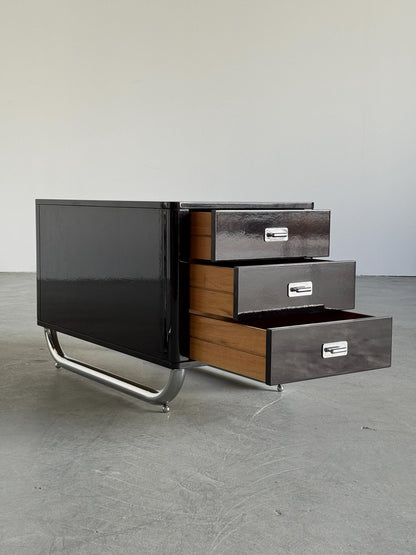 Vintage Bauhaus Schreibtisch Chrom Rauchglas Schwarz Lackholz Vintage Büromöbel