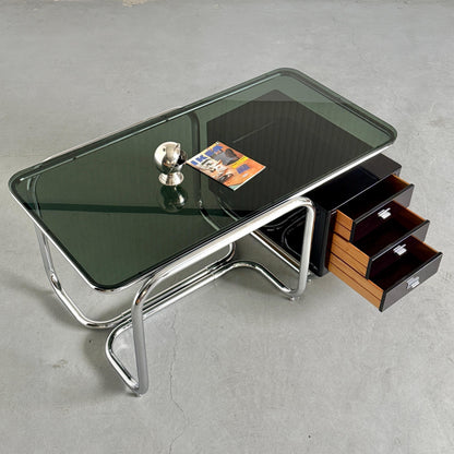 Vintage Bauhaus Schreibtisch Chrom Rauchglas Schwarz Lackholz Vintage Büromöbel