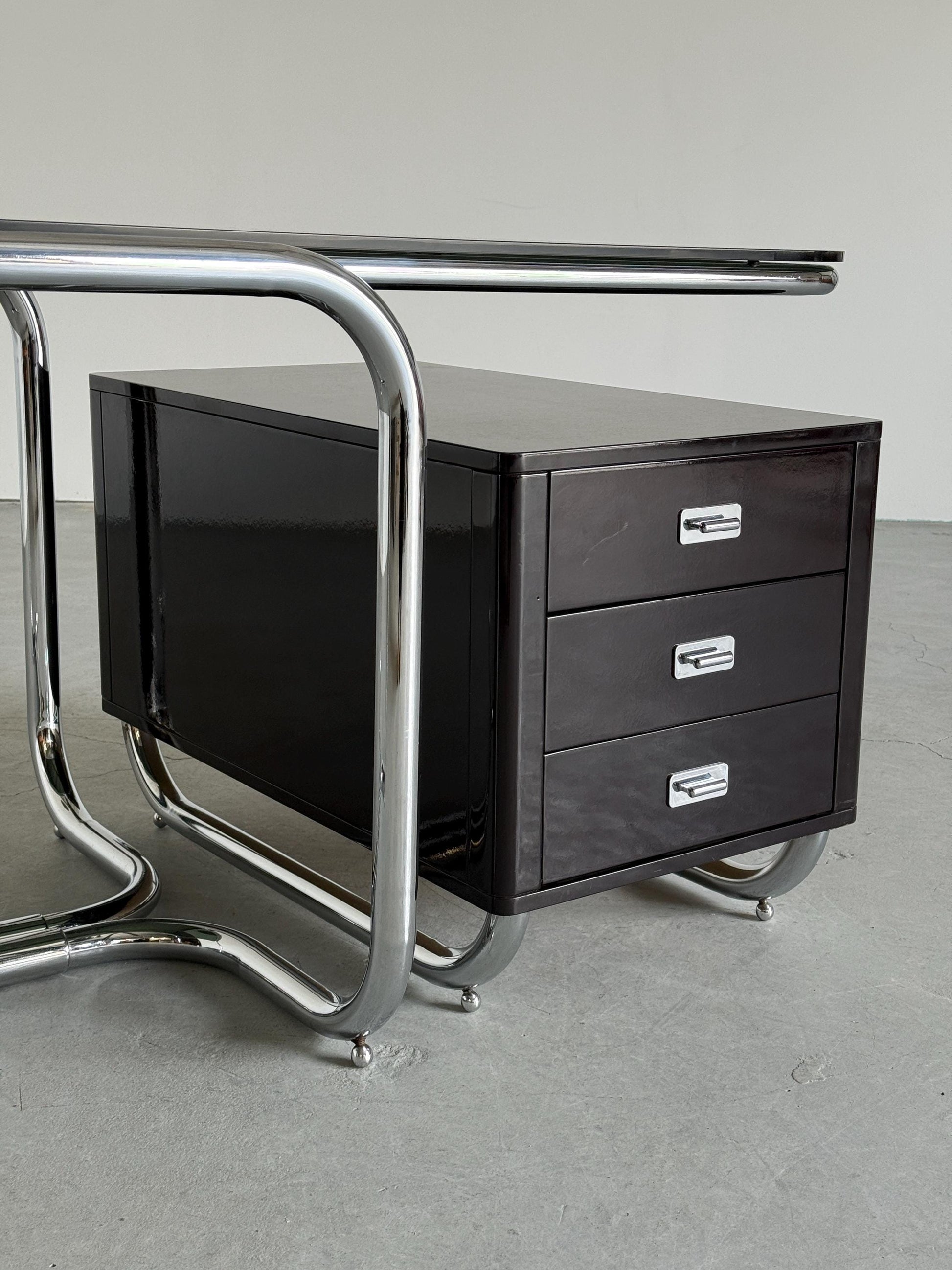 Vintage Bauhaus Schreibtisch Chrom Rauchglas Schwarz Lackholz Vintage Büromöbel