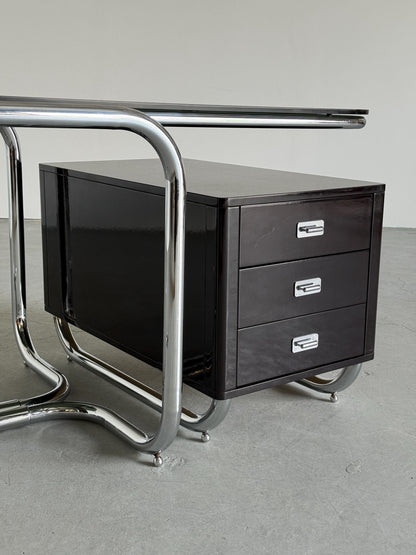 Vintage Bauhaus Schreibtisch Chrom Rauchglas Schwarz Lackholz Vintage Büromöbel