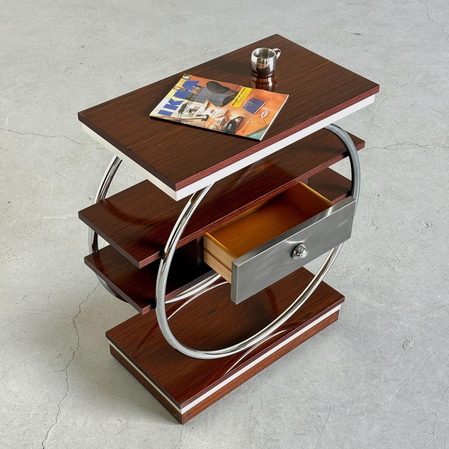 Vintage Konsolentisch Art Deco Revival, Dunkelholz und Chrom, Holz und Metall