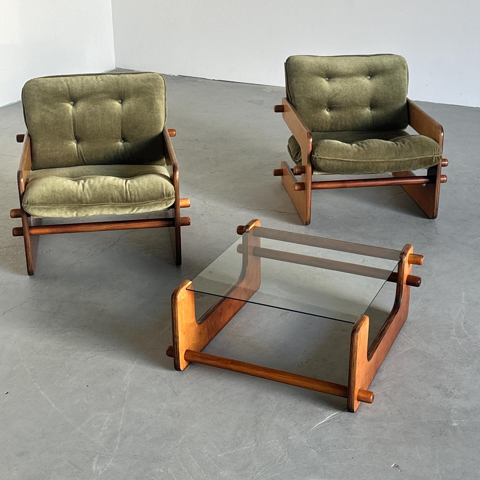 Vintage Set von 2 Freischwinger Lounge Sessel Olivgrün Sperrholz Vintage Zustand