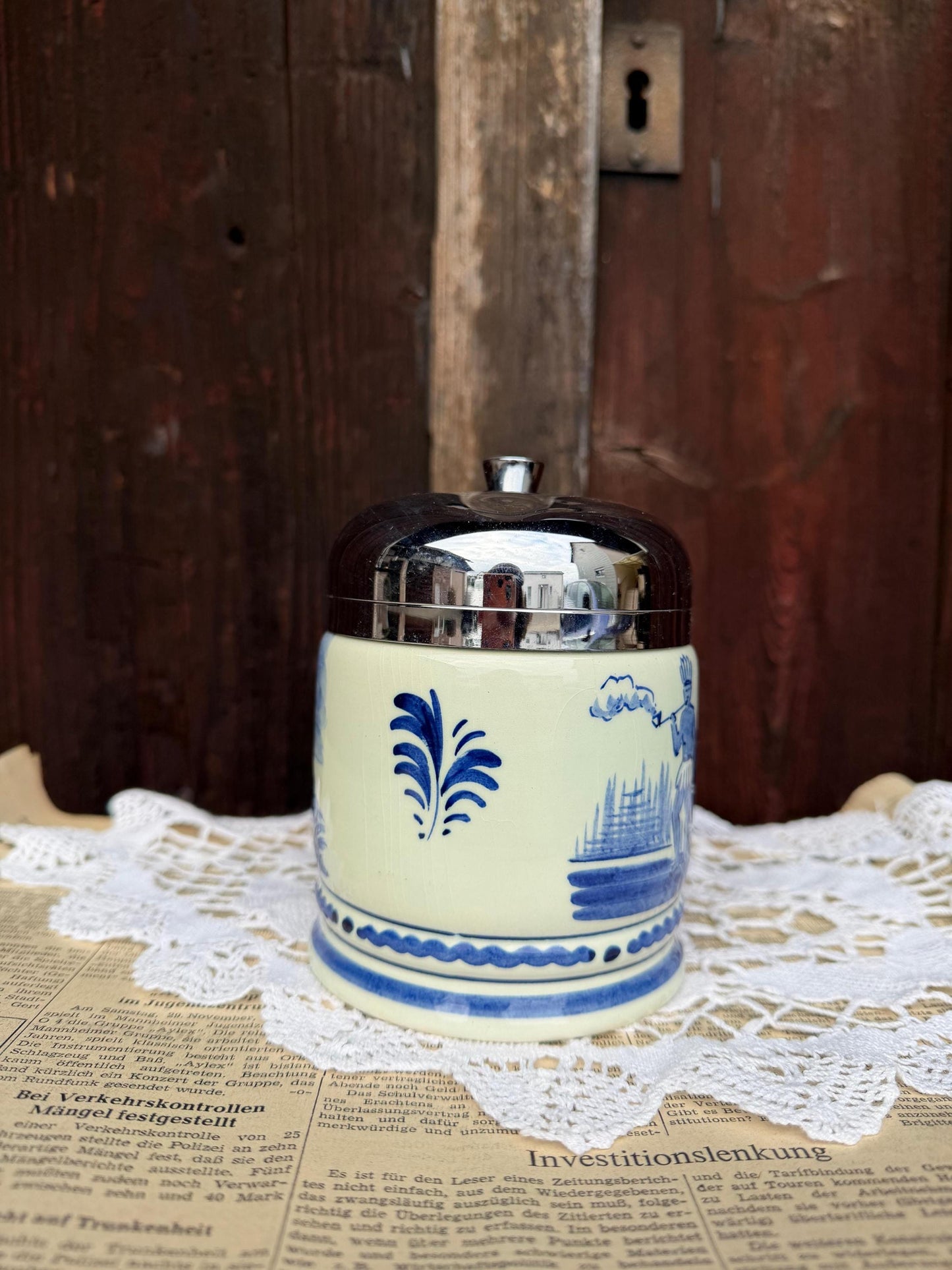 Vintage Servieraccessoire Keramikdose Delft Windmühle Blau Weiß Metall mit Metalldeckel