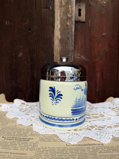 Vintage Servieraccessoire Keramikdose Delft Windmühle Blau Weiß Metall mit Metalldeckel