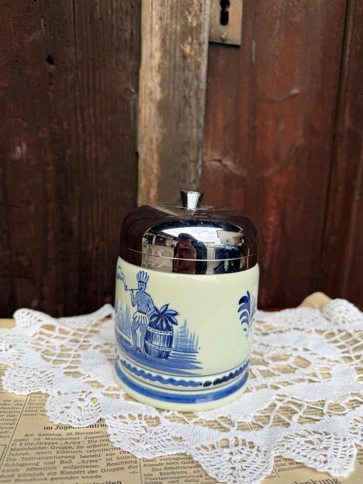 Vintage Servieraccessoire Keramikdose Delft Windmühle Blau Weiß Metall mit Metalldeckel