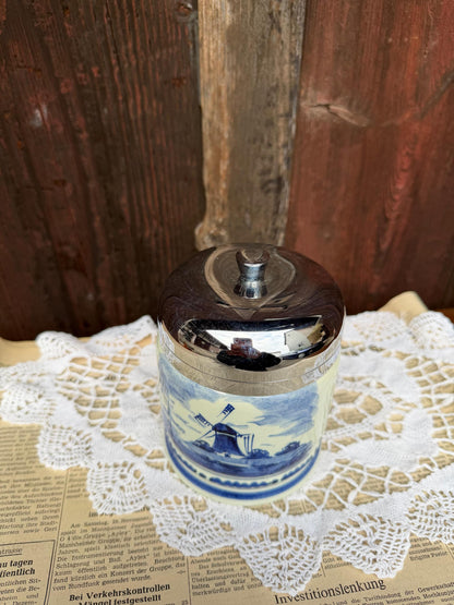Vintage Servieraccessoire Keramikdose Delft Windmühle Blau Weiß Metall mit Metalldeckel