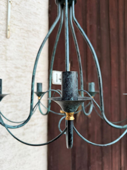 Vintage Lampe Kronleuchter 5-flammig Tiffany Blau Weiß Perlmutt Kupferpatina Messing