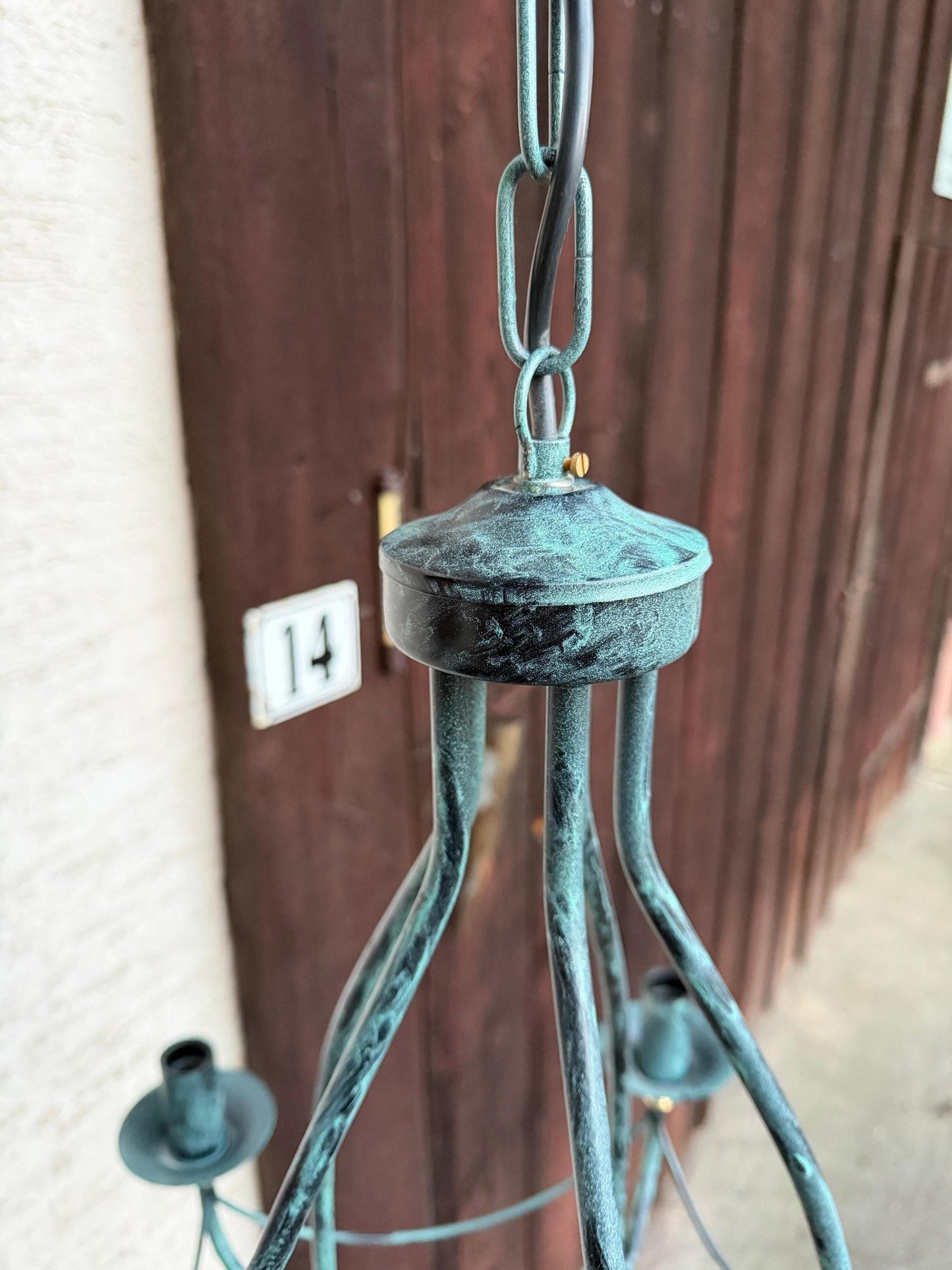 Vintage Lampe Kronleuchter 5-flammig Tiffany Blau Weiß Perlmutt Kupferpatina Messing