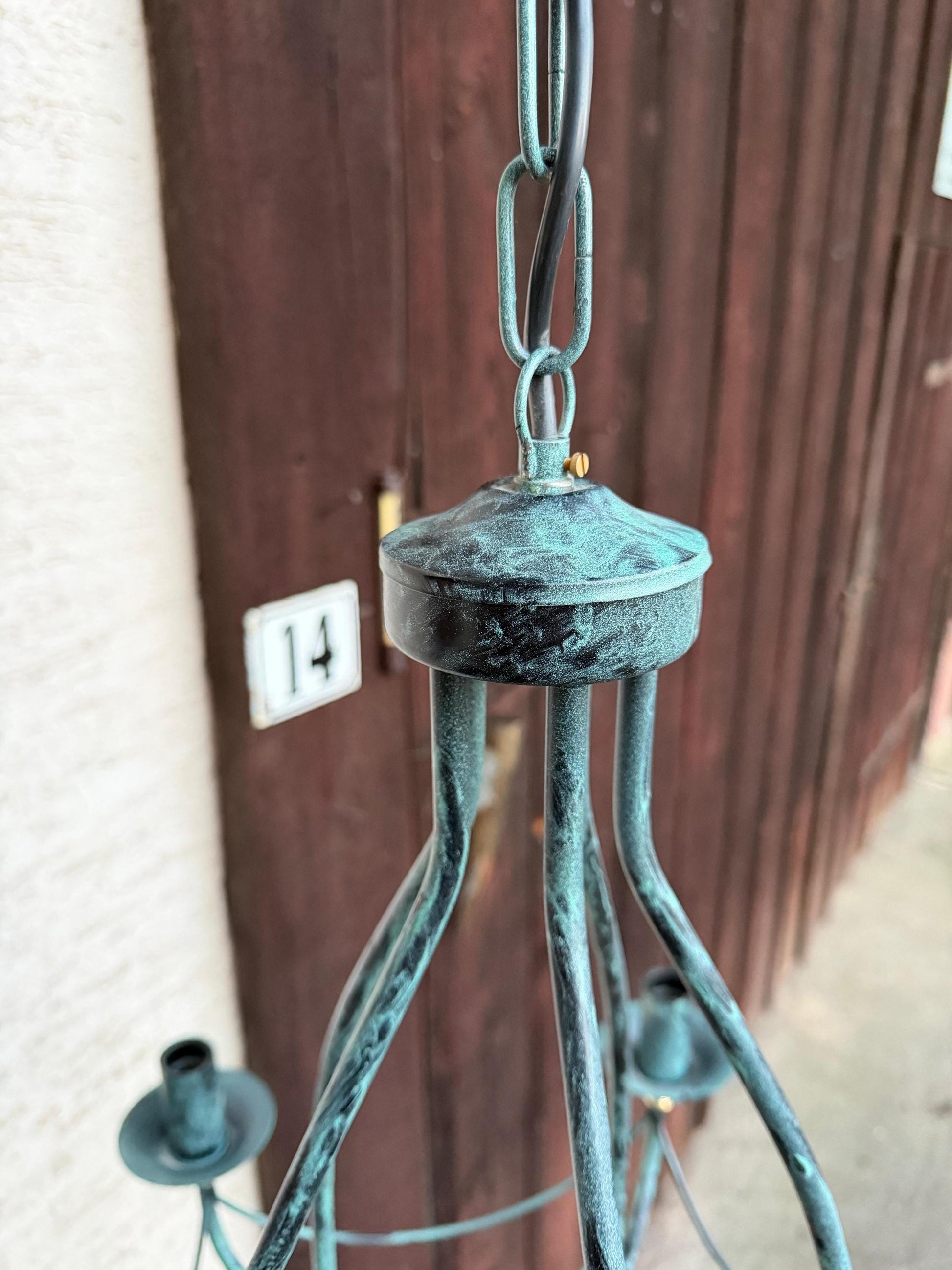Vintage Lampe Kronleuchter 5-flammig Tiffany Blau Weiß Perlmutt Kupferpatina Messing