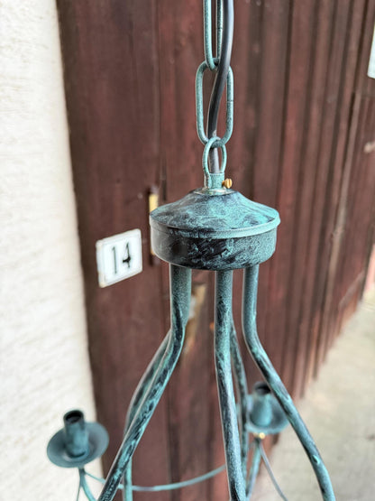 Vintage Lampe Kronleuchter 5-flammig Tiffany Blau Weiß Perlmutt Kupferpatina Messing