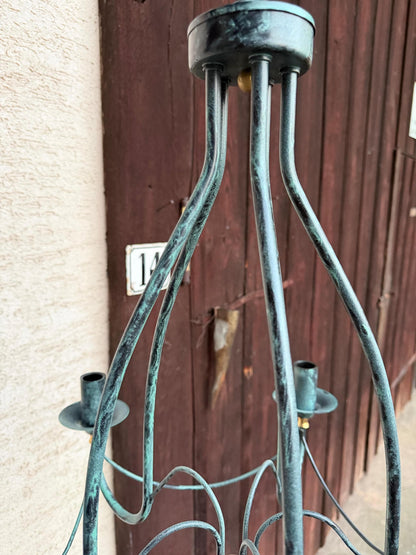 Vintage Lampe Kronleuchter 5-flammig Tiffany Blau Weiß Perlmutt Kupferpatina Messing