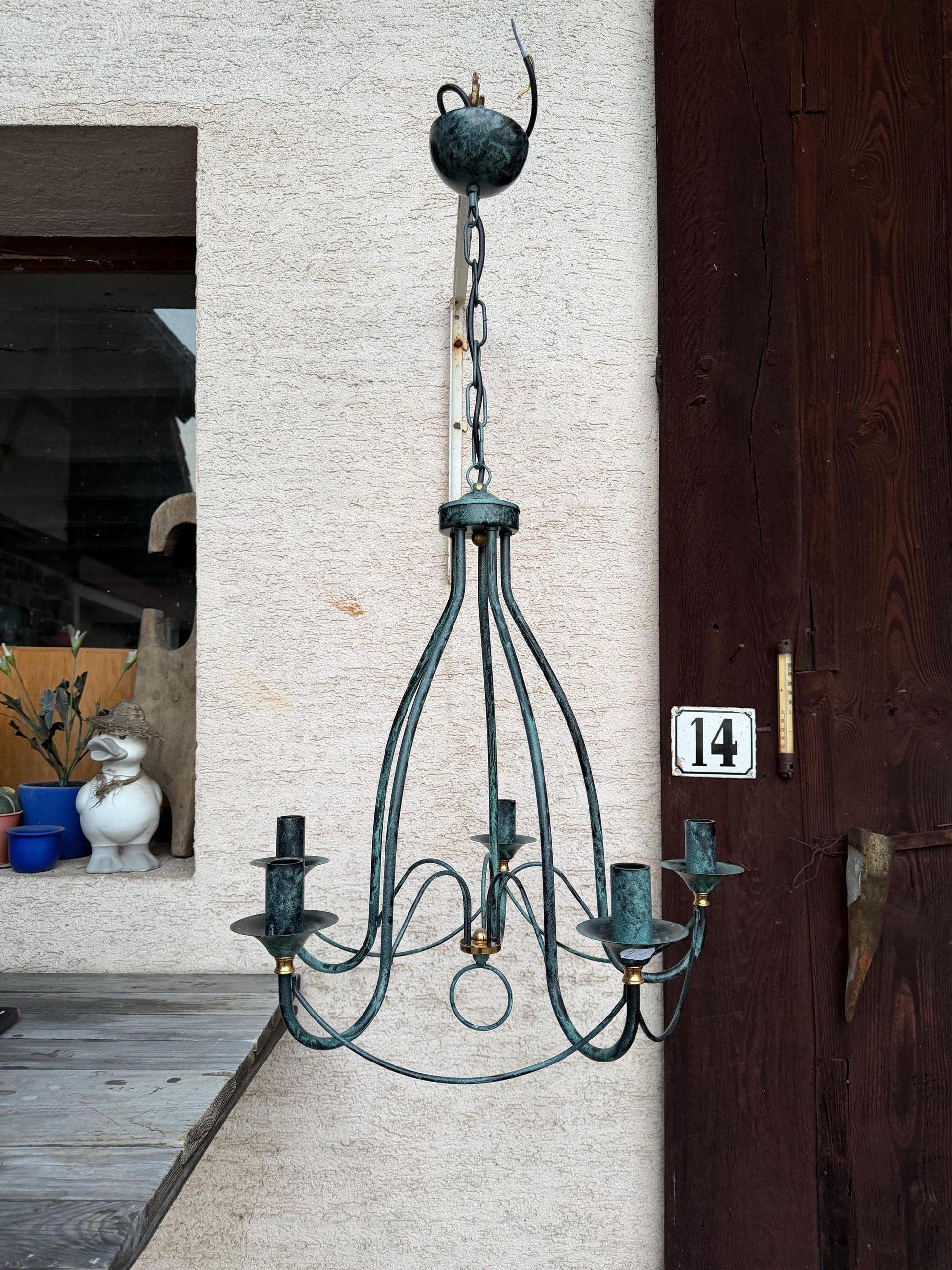 Vintage Lampe Kronleuchter 5-flammig Tiffany Blau Weiß Perlmutt Kupferpatina Messing