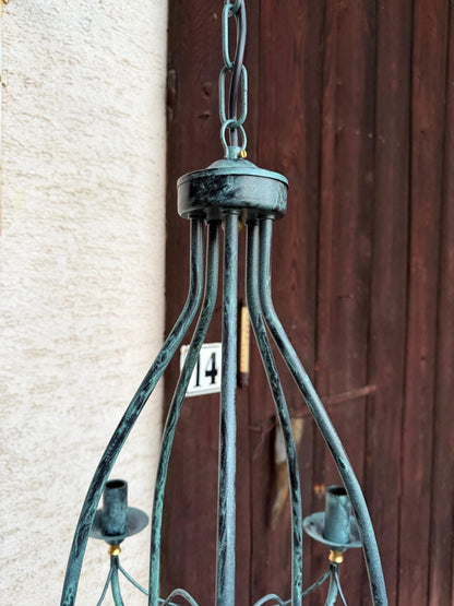 Vintage Lampe Kronleuchter 5-flammig Tiffany Blau Weiß Perlmutt Kupferpatina Messing