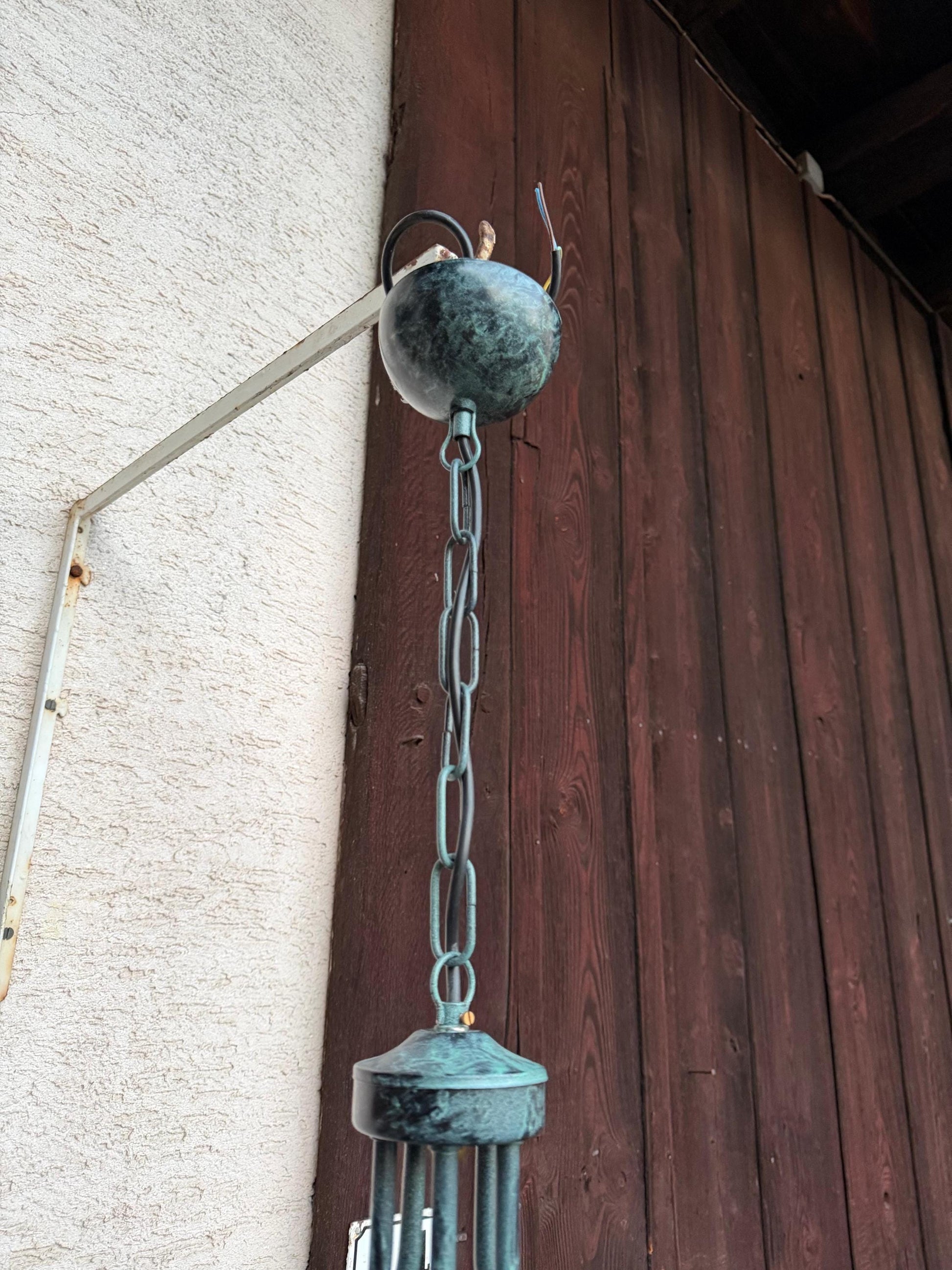 Vintage Lampe Kronleuchter 5-flammig Tiffany Blau Weiß Perlmutt Kupferpatina Messing