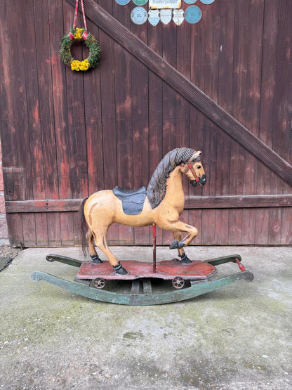 Vintage Schaukelpferd dunkelgrün Holz Echthaar Schwanz Dekoration