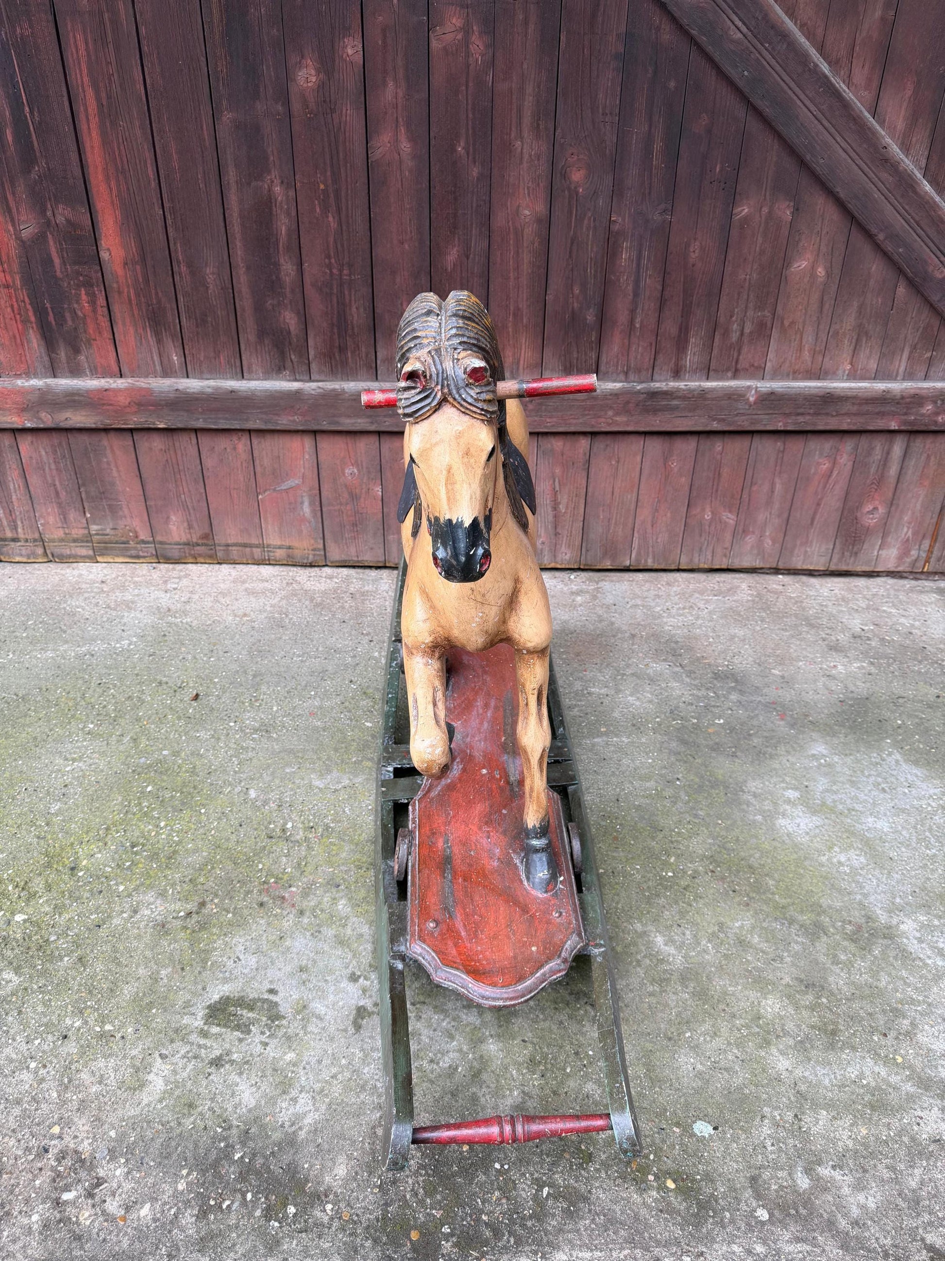 Vintage Schaukelpferd dunkelgrün Holz Echthaar Schwanz Dekoration