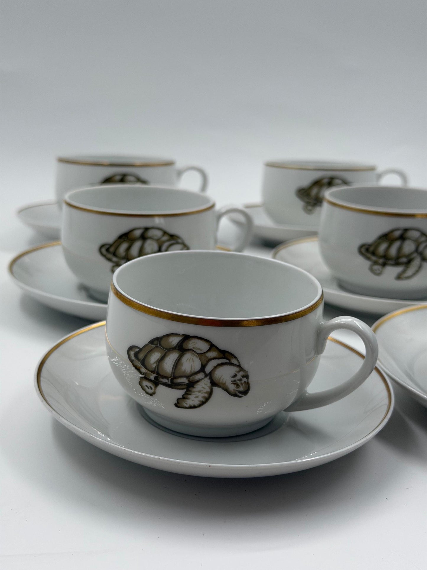 Vintage Mokka-Tasse Schildkröte von Tirschenreuth Goldrand Set 6 Pers.
