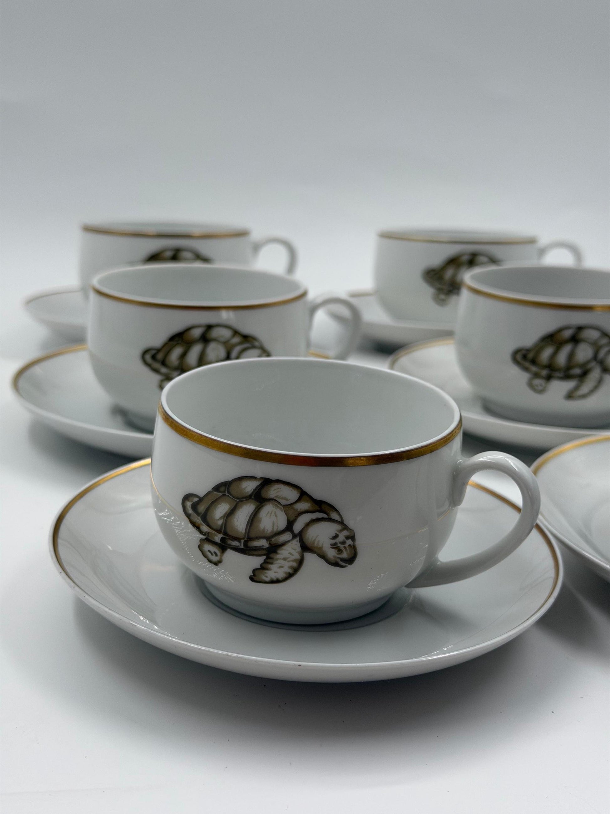 Vintage Mokka-Tasse Schildkröte von Tirschenreuth Goldrand Set 6 Pers.