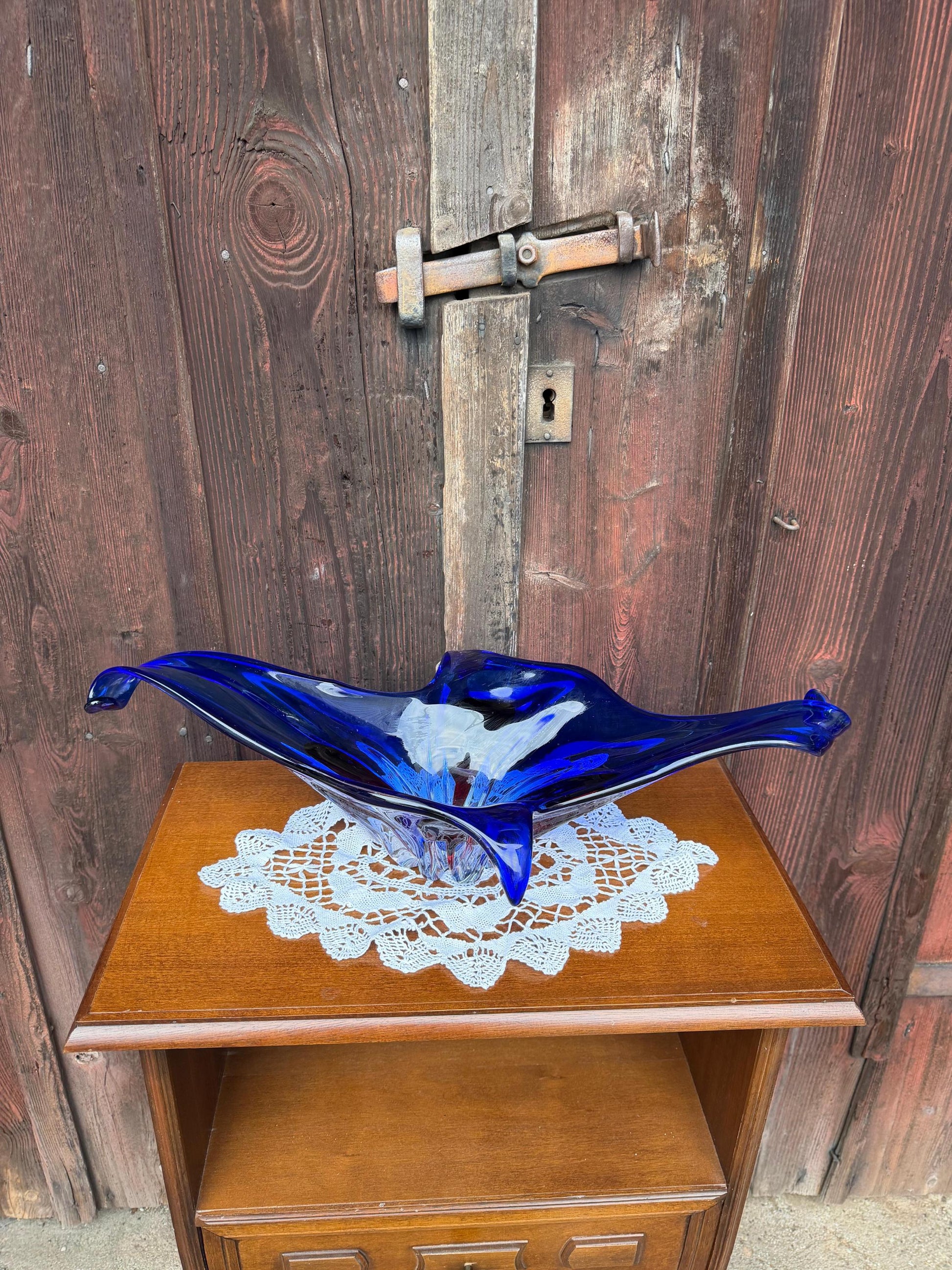 Vintage Glasschale Sommerso Murano blau rot klar riesig
