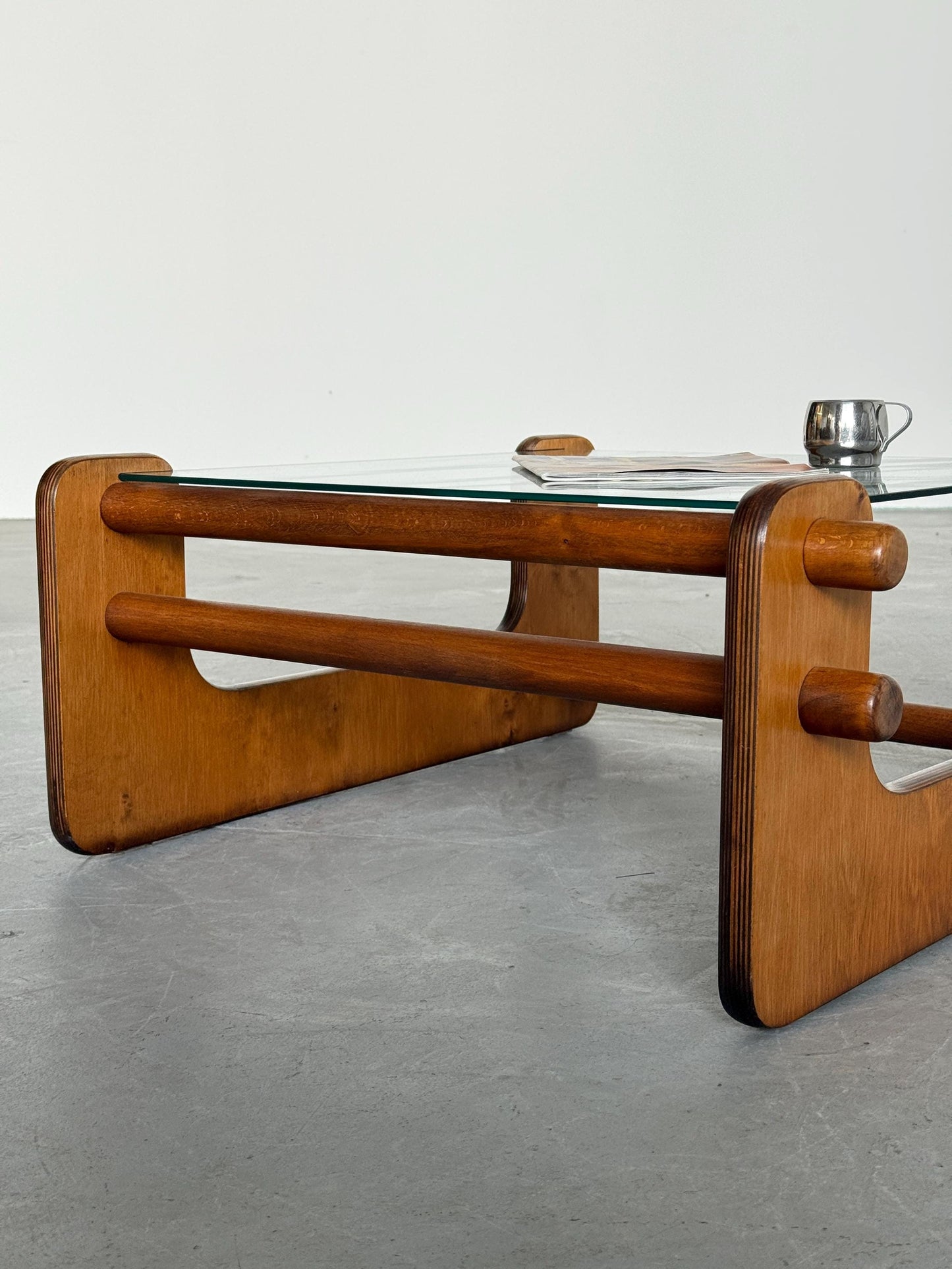 Vintage Couchtisch Kiefernsperrholz und Glas naturklar Kiefernsperrholz Glas klar Holz natur