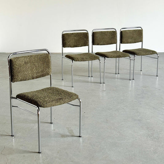 Vintage Set von 4 Stuhl von Hans Fiedler und Hans Heyder Olivgrün Chrom Bouclé