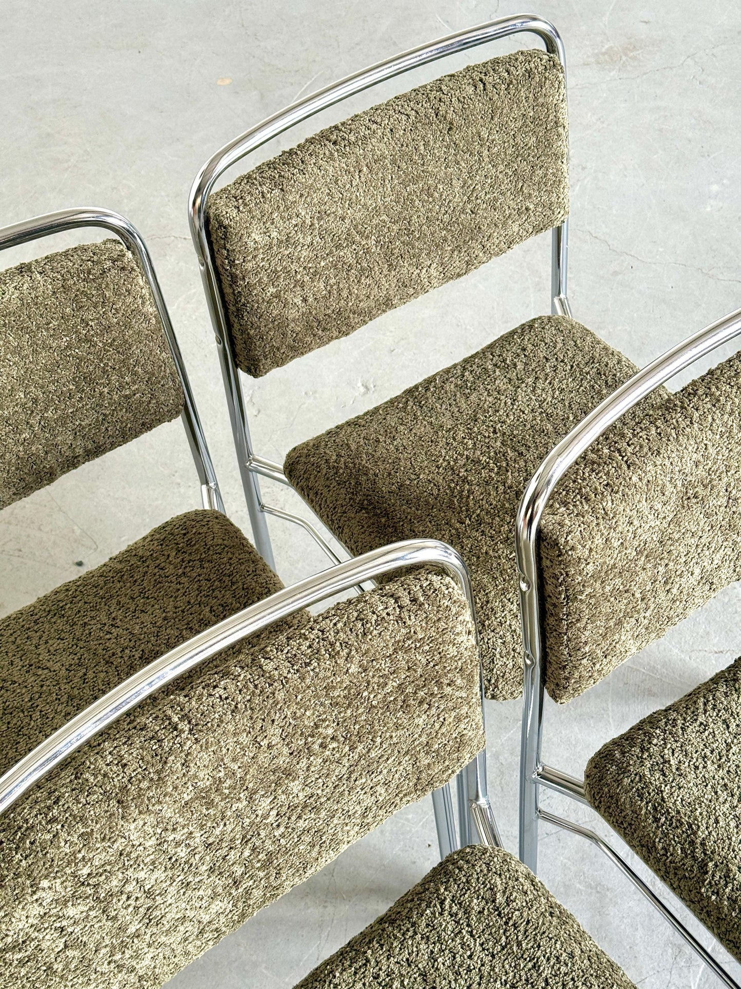 Vintage Set von 4 Stuhl von Hans Fiedler und Hans Heyder Olivgrün Chrom Bouclé