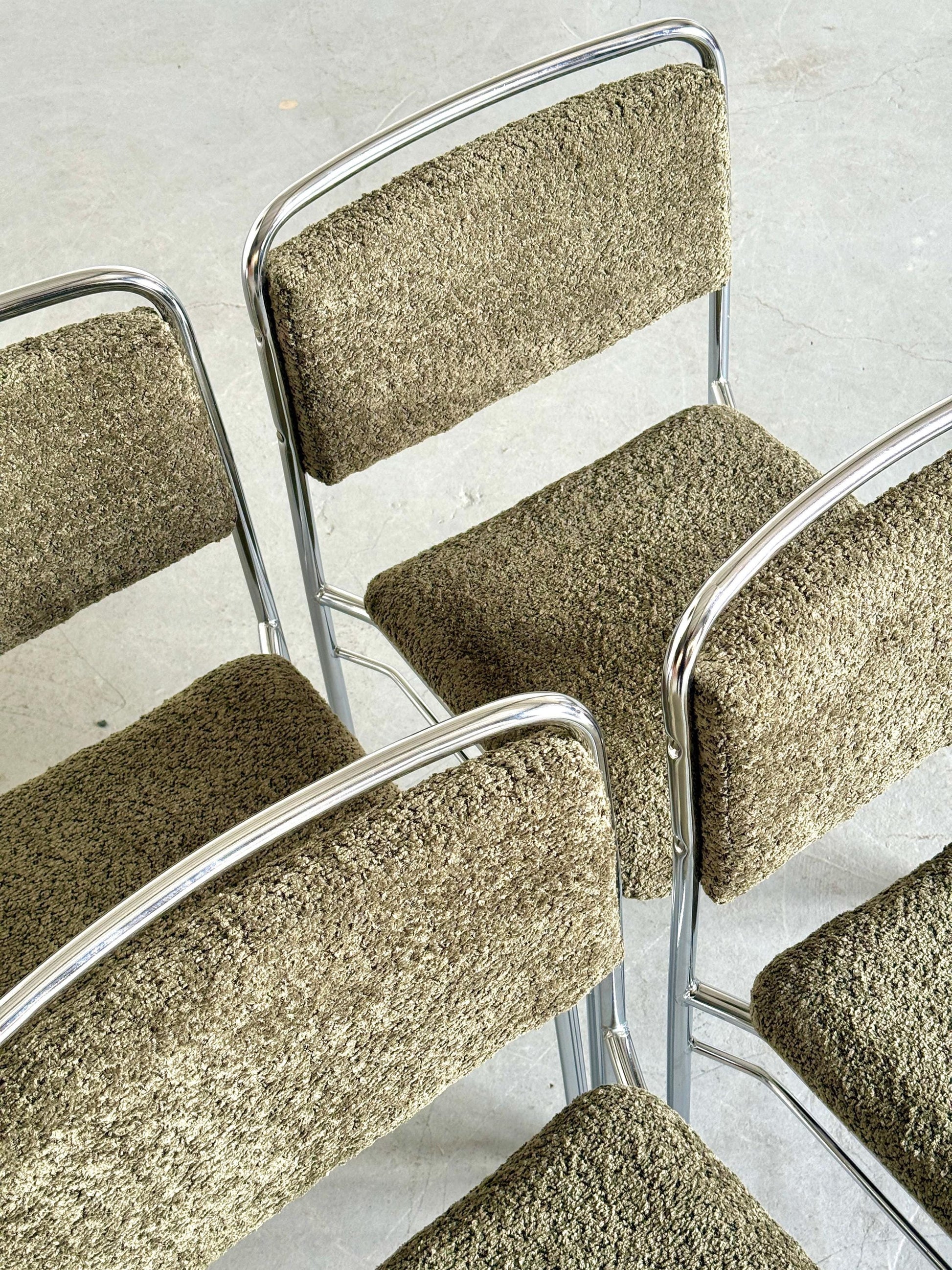 Vintage Set von 4 Stuhl von Hans Fiedler und Hans Heyder Olivgrün Chrom Bouclé