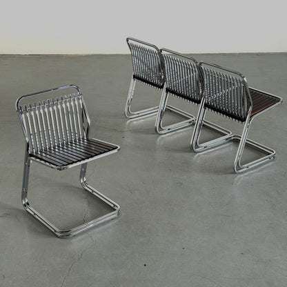 Vintage Set von 4 Freischwinger-Stuhl Chromstahl und Holz, Italien
