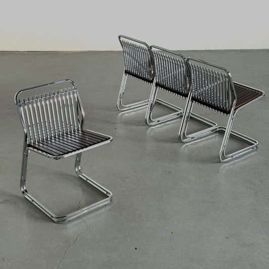Vintage Set von 4 Freischwinger-Stuhl Chromstahl und Holz, Italien