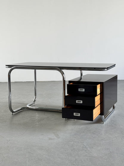 Vintage Bauhaus Schreibtisch Chrom Rauchglas Schwarz Lackholz Vintage Büromöbel