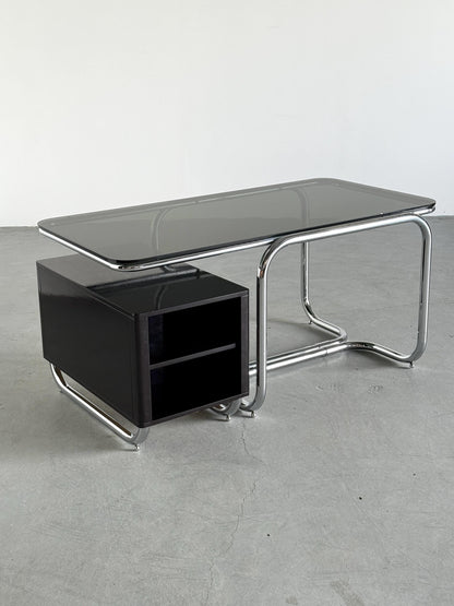 Vintage Bauhaus Schreibtisch Chrom Rauchglas Schwarz Lackholz Vintage Büromöbel